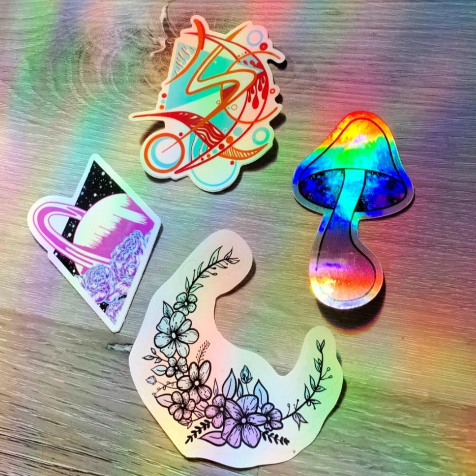 waterproof holographic sticker bundle flower mushroom trippy 